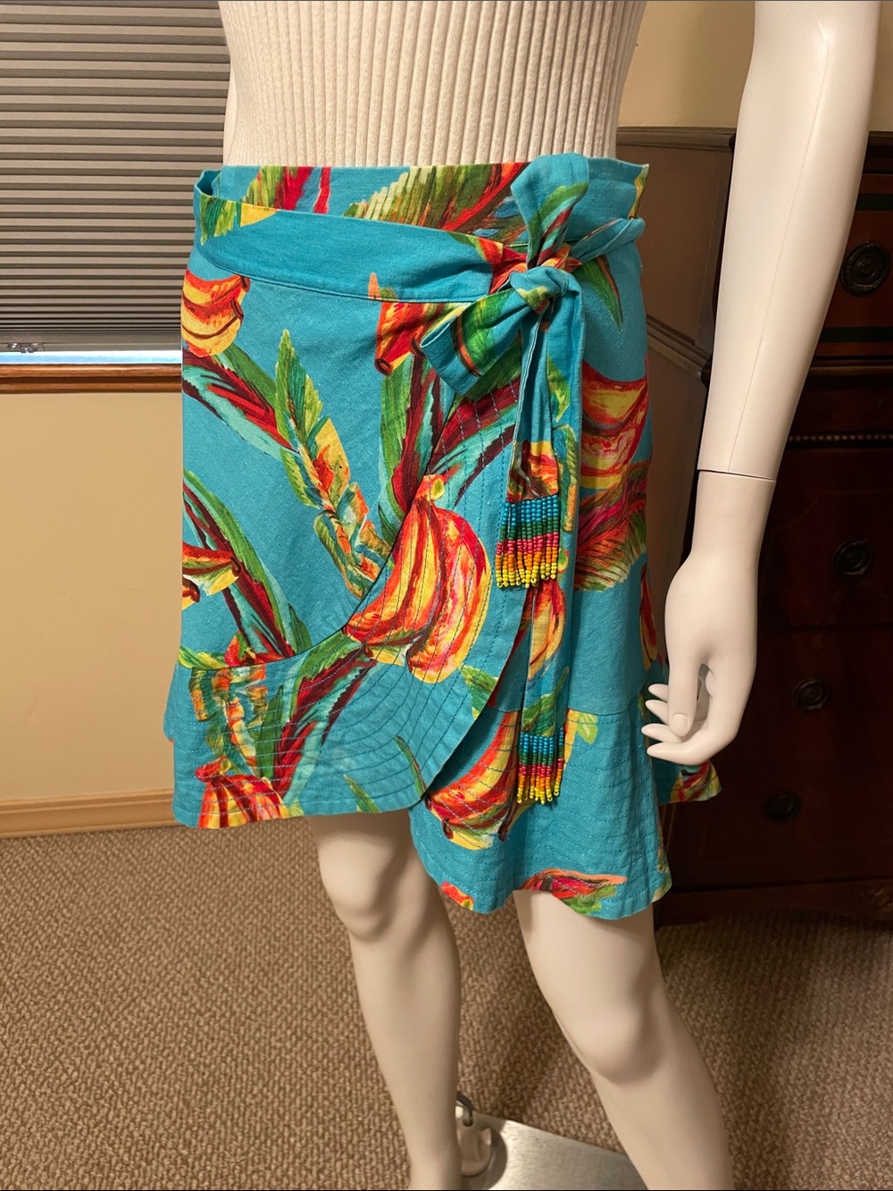 FARM Rio Banana Sky Wrap Mini Skirt Tropical Turquoise EUC
